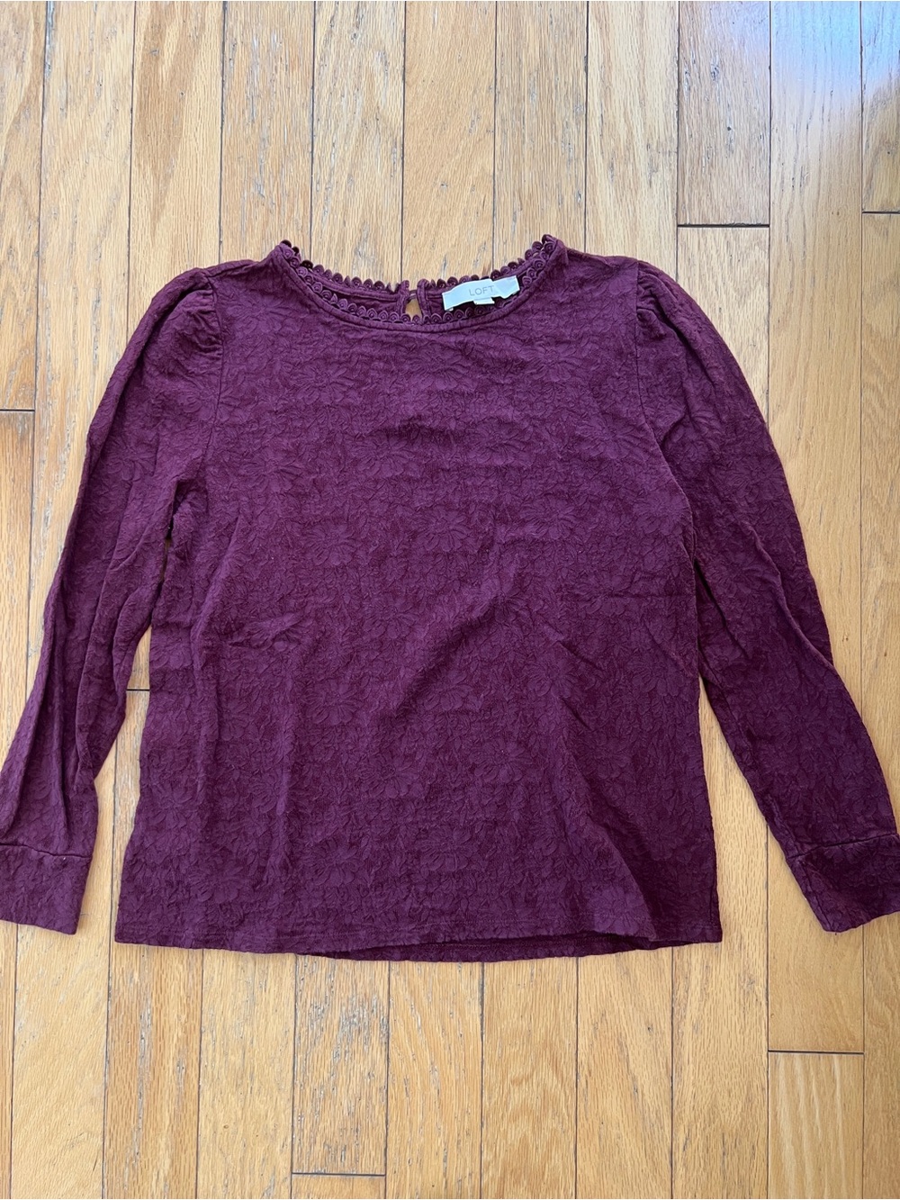 LOFT burgundy Textured Long Sleeve Top with Scalloped Neck